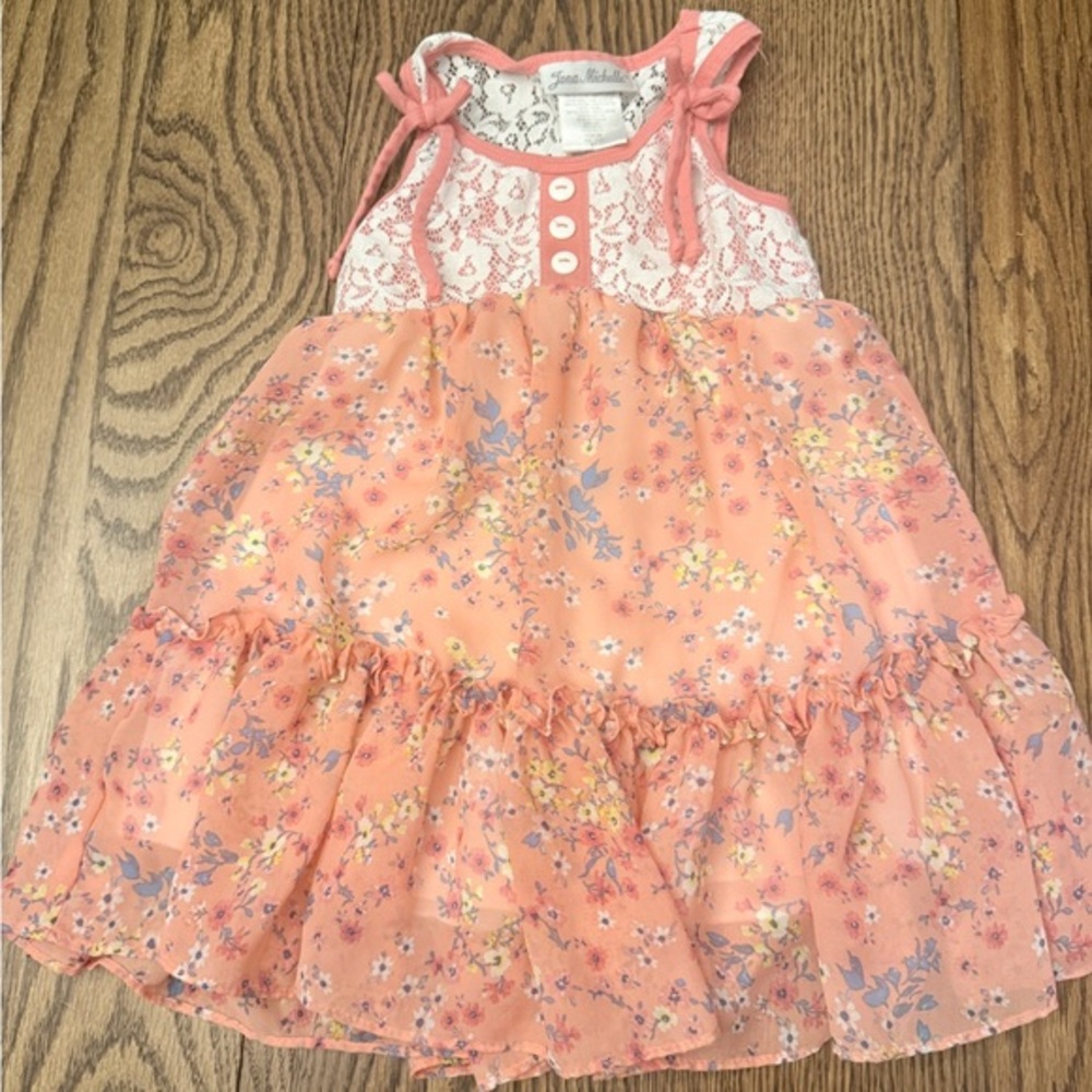Jona Michelle Coral and White Floral Toddler 3T Dress w/lining. lace detail BK